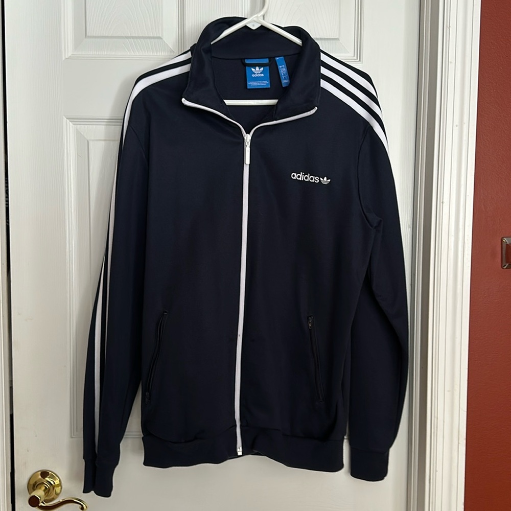 Men’s Adidas, full zip sweatshirt, size, large, navy blue, and white stripes